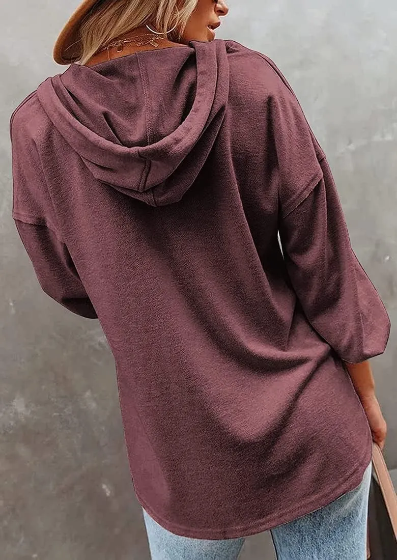 Chaos World Women's Hoodie Loose Fit Lightweight V-neck Sweatshirts Long Sleeve Henley Shirts