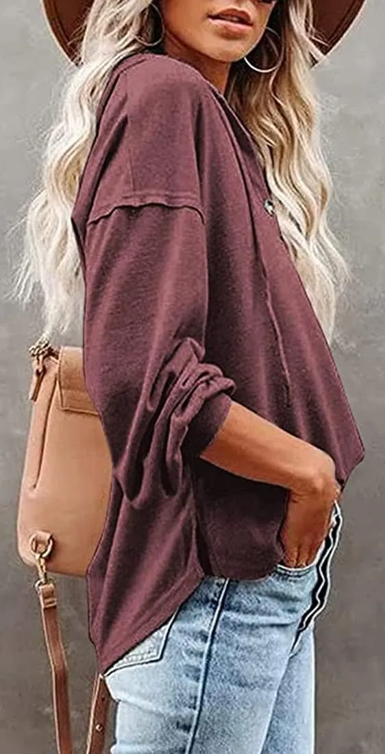 Chaos World Women's Hoodie Loose Fit Lightweight V-neck Sweatshirts Long Sleeve Henley Shirts