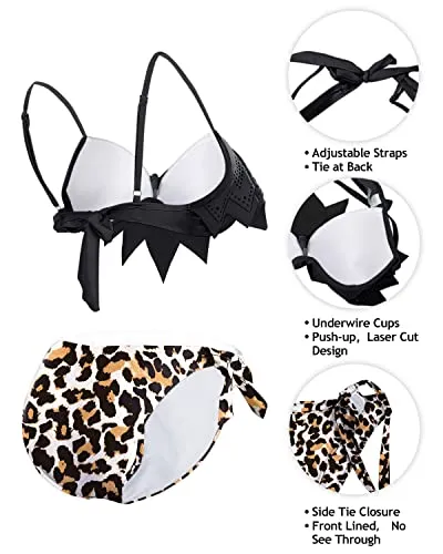 Cheeky Push Up Underwire Bikini Sets Sexy Bathing Suits-Black And Leopard