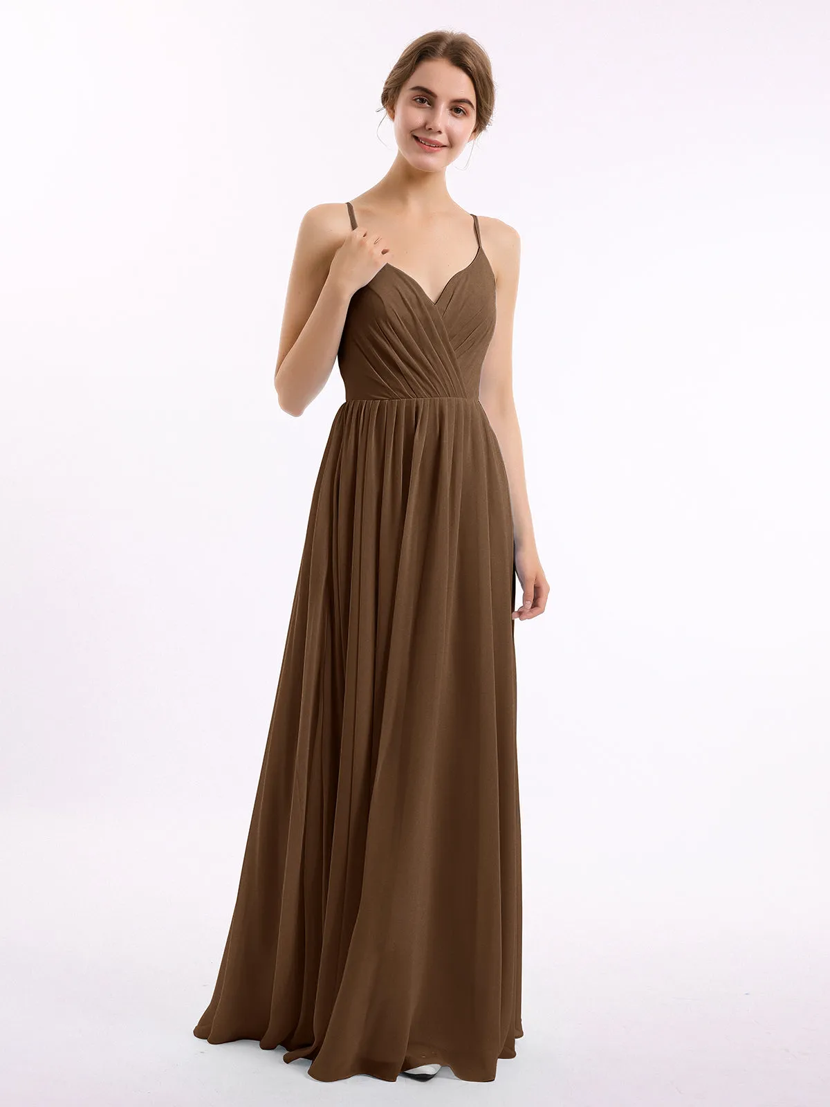 Chiffon Bridesmaid Dresses with Spaghetti Straps-Brown Plus Size