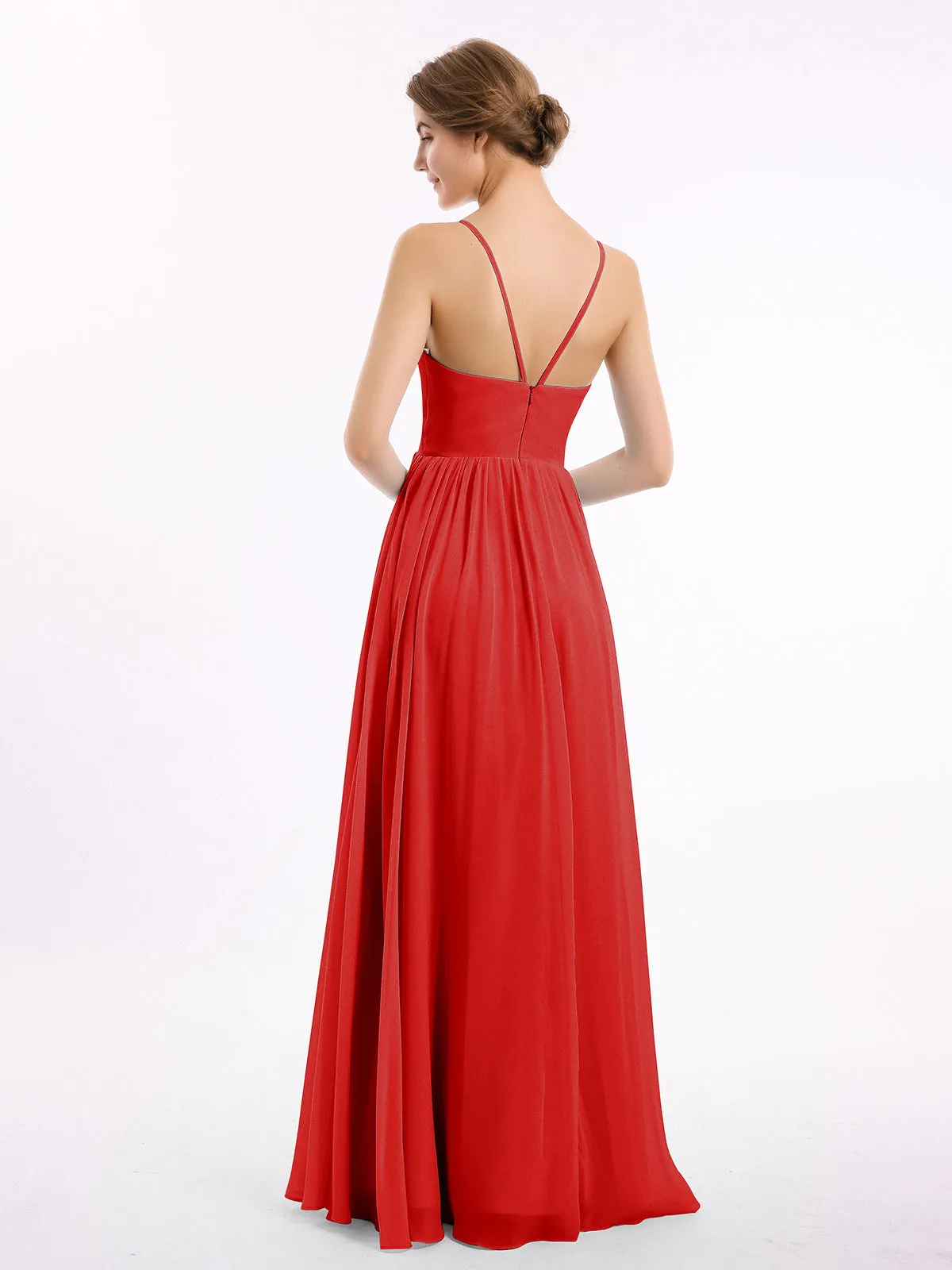 Chiffon Bridesmaid Dresses with Spaghetti Straps-Red