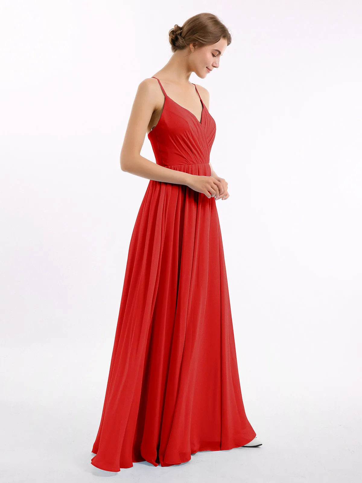 Chiffon Bridesmaid Dresses with Spaghetti Straps-Red