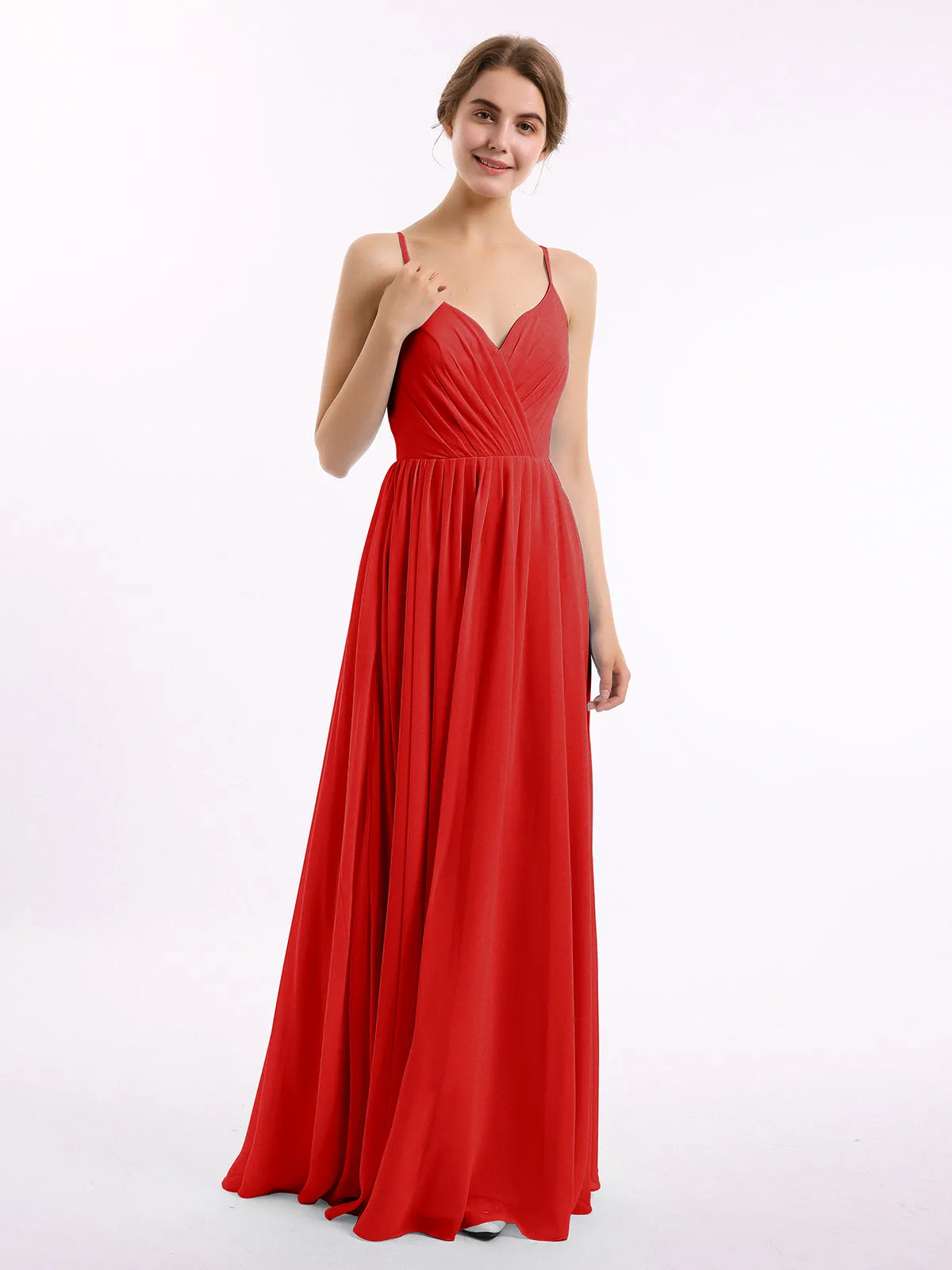 Chiffon Bridesmaid Dresses with Spaghetti Straps-Red