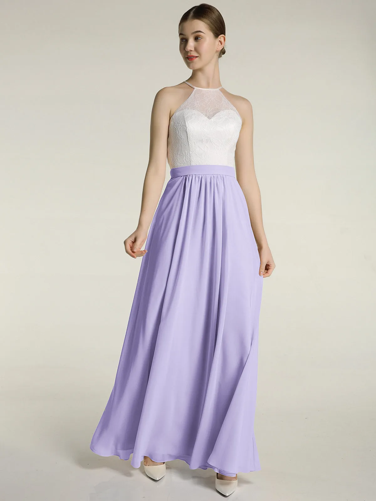 Chiffon Long Dresses with Ivory Lace Bodice-Lilac