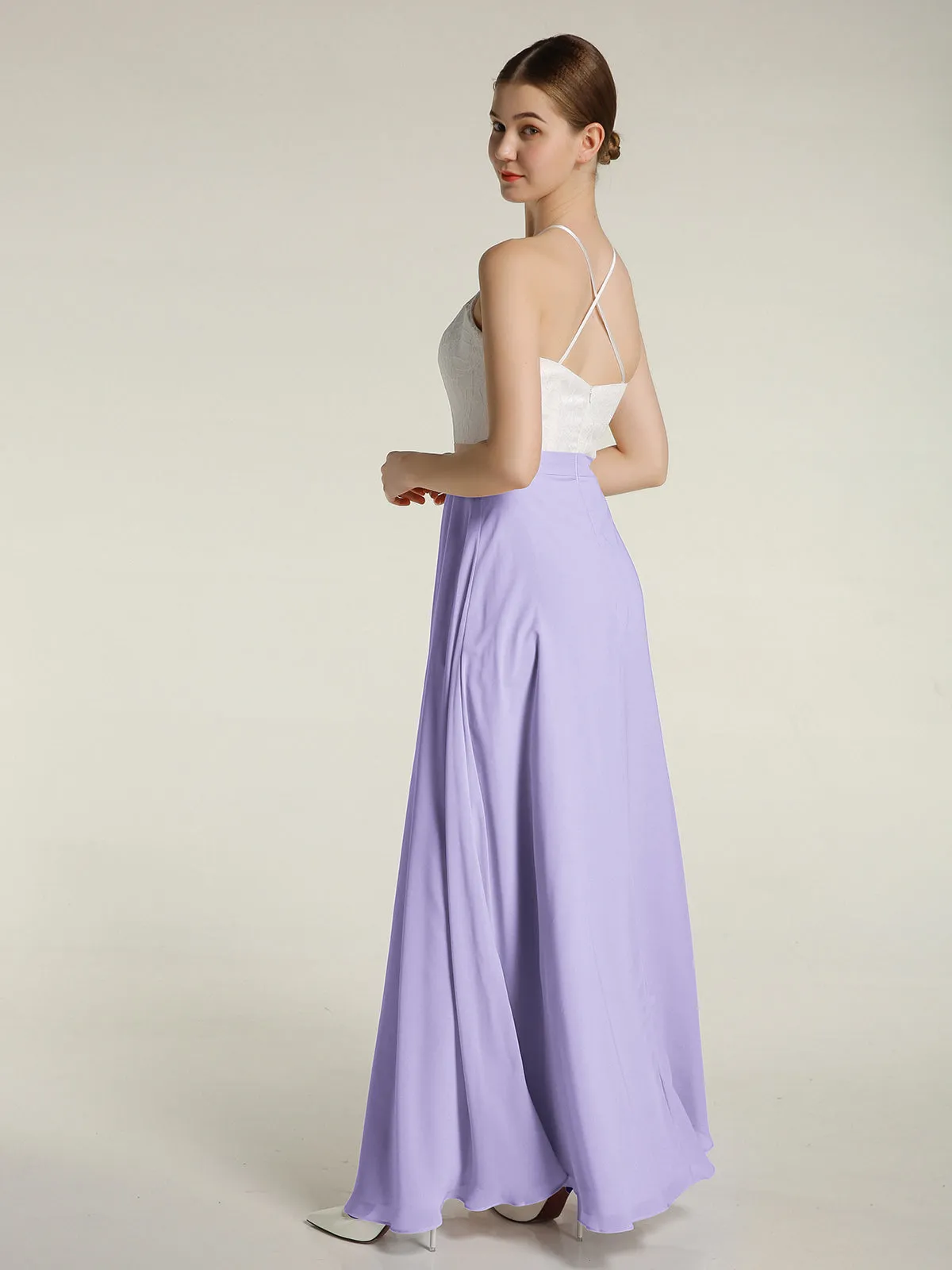 Chiffon Long Dresses with Ivory Lace Bodice-Lilac