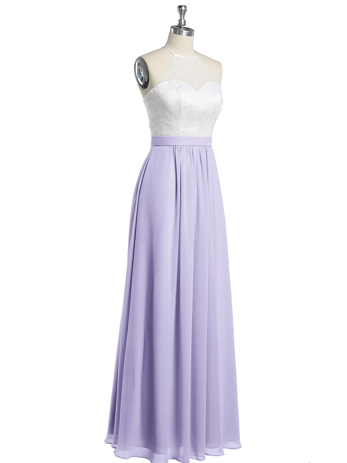 Chiffon Long Dresses with Ivory Lace Bodice-Lilac