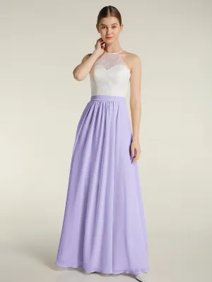 Chiffon Long Dresses with Ivory Lace Bodice-Lilac