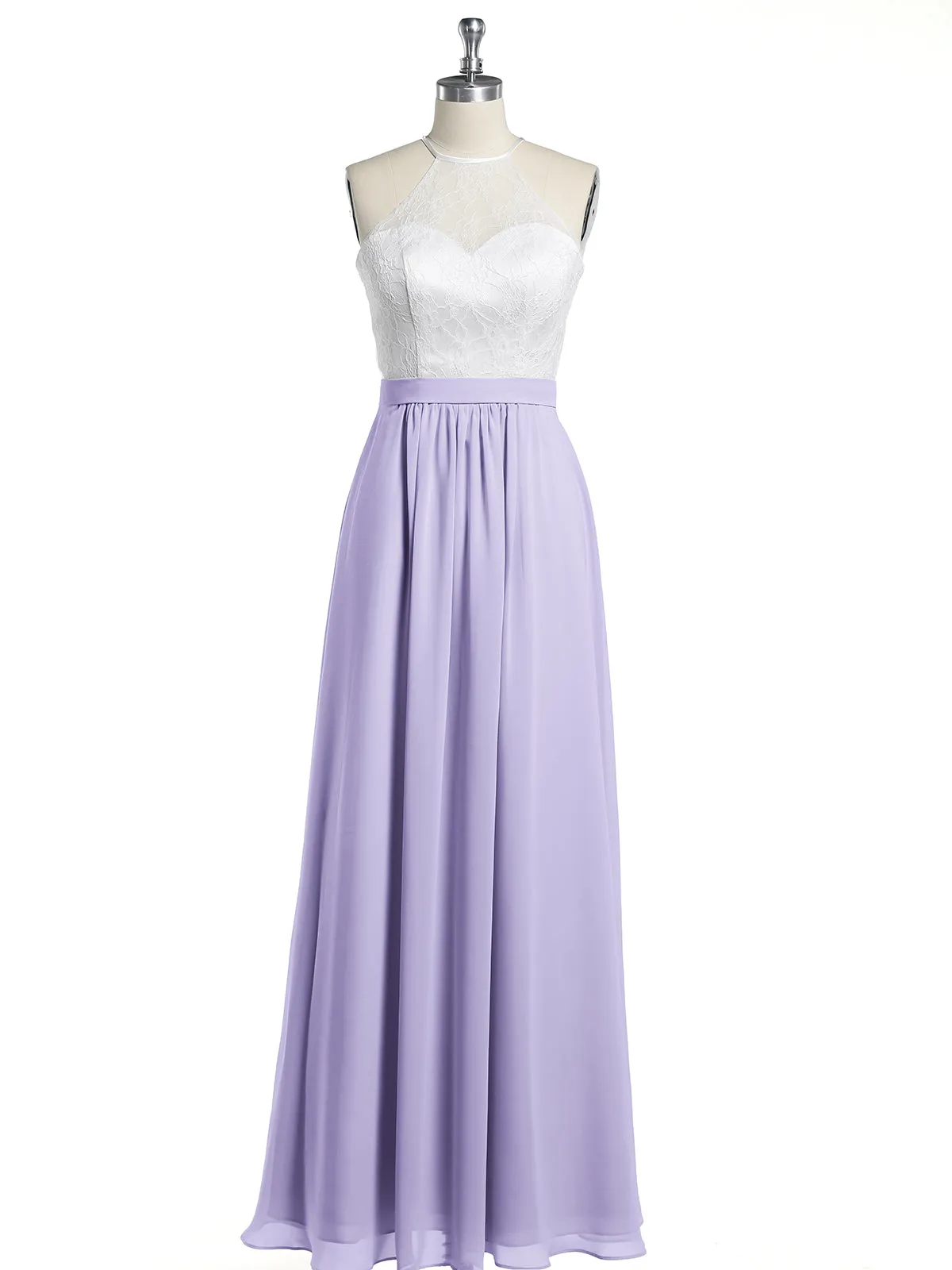 Chiffon Long Dresses with Ivory Lace Bodice-Lilac