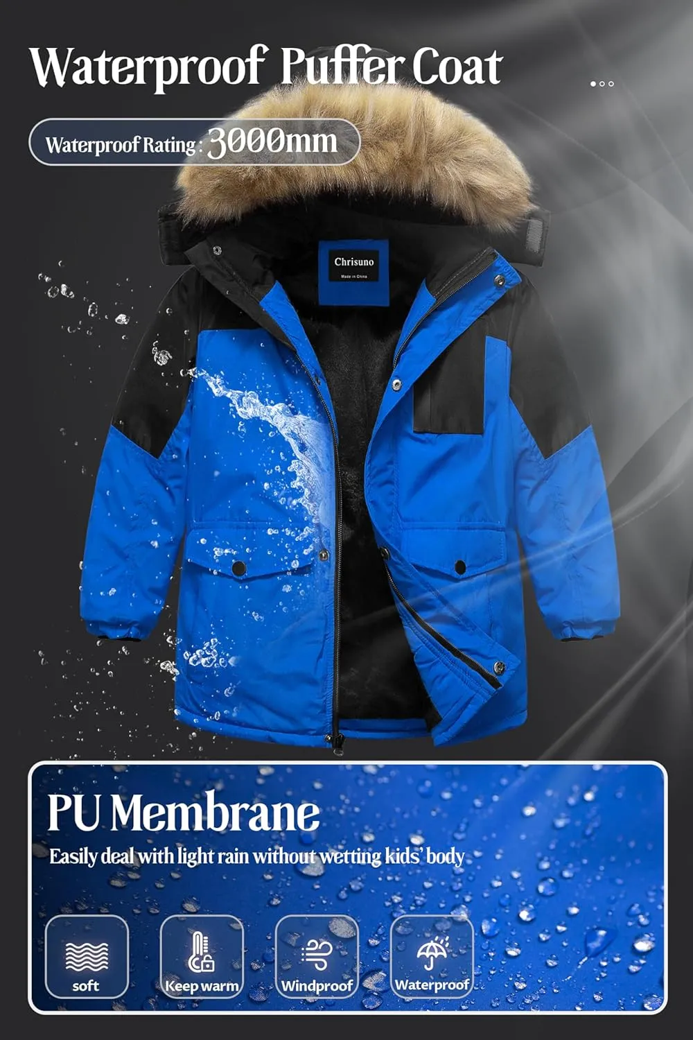 Chrisuno Boy's Med-length Parka Winter Coat Waterproof Outwear Ski Snow Jackets Thick Padded Insulated Windbreaker