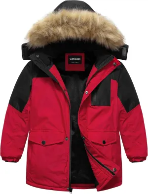 Chrisuno Boy's Med-length Parka Winter Coat Waterproof Outwear Ski Snow Jackets Thick Padded Insulated Windbreaker