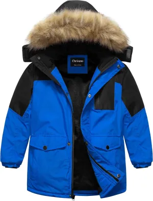Chrisuno Boy's Med-length Parka Winter Coat Waterproof Outwear Ski Snow Jackets Thick Padded Insulated Windbreaker