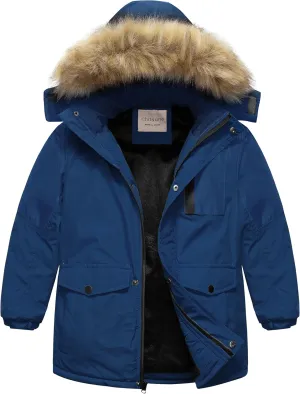 Chrisuno Boy's Med-length Parka Winter Coat Waterproof Outwear Ski Snow Jackets Thick Padded Insulated Windbreaker