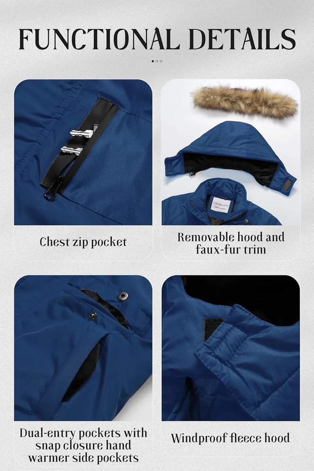 Chrisuno Boy's Med-length Parka Winter Coat Waterproof Outwear Ski Snow Jackets Thick Padded Insulated Windbreaker