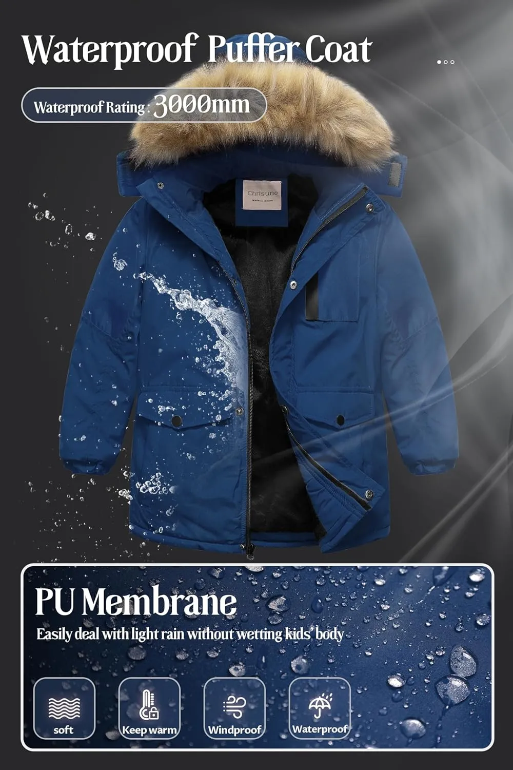 Chrisuno Boy's Med-length Parka Winter Coat Waterproof Outwear Ski Snow Jackets Thick Padded Insulated Windbreaker
