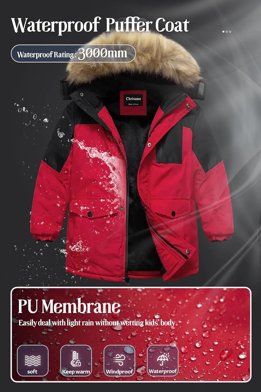 Chrisuno Boy's Med-length Parka Winter Coat Waterproof Outwear Ski Snow Jackets Thick Padded Insulated Windbreaker