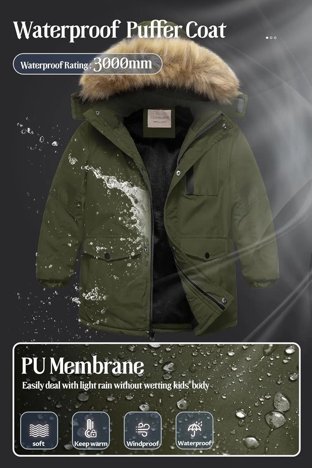 Chrisuno Boy's Med-length Parka Winter Coat Waterproof Outwear Ski Snow Jackets Thick Padded Insulated Windbreaker