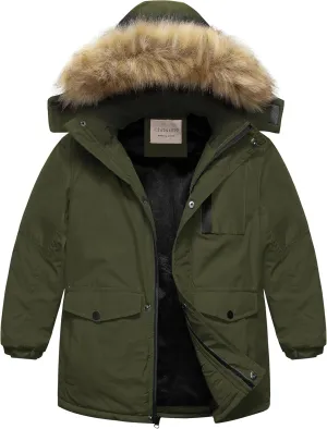 Chrisuno Boy's Med-length Parka Winter Coat Waterproof Outwear Ski Snow Jackets Thick Padded Insulated Windbreaker
