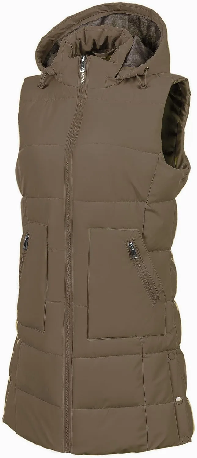 Chrisuno Women's Long Warm Puffer Vest Fleece Sleeveless Vests Waterproof Outerwear With Removable Hood