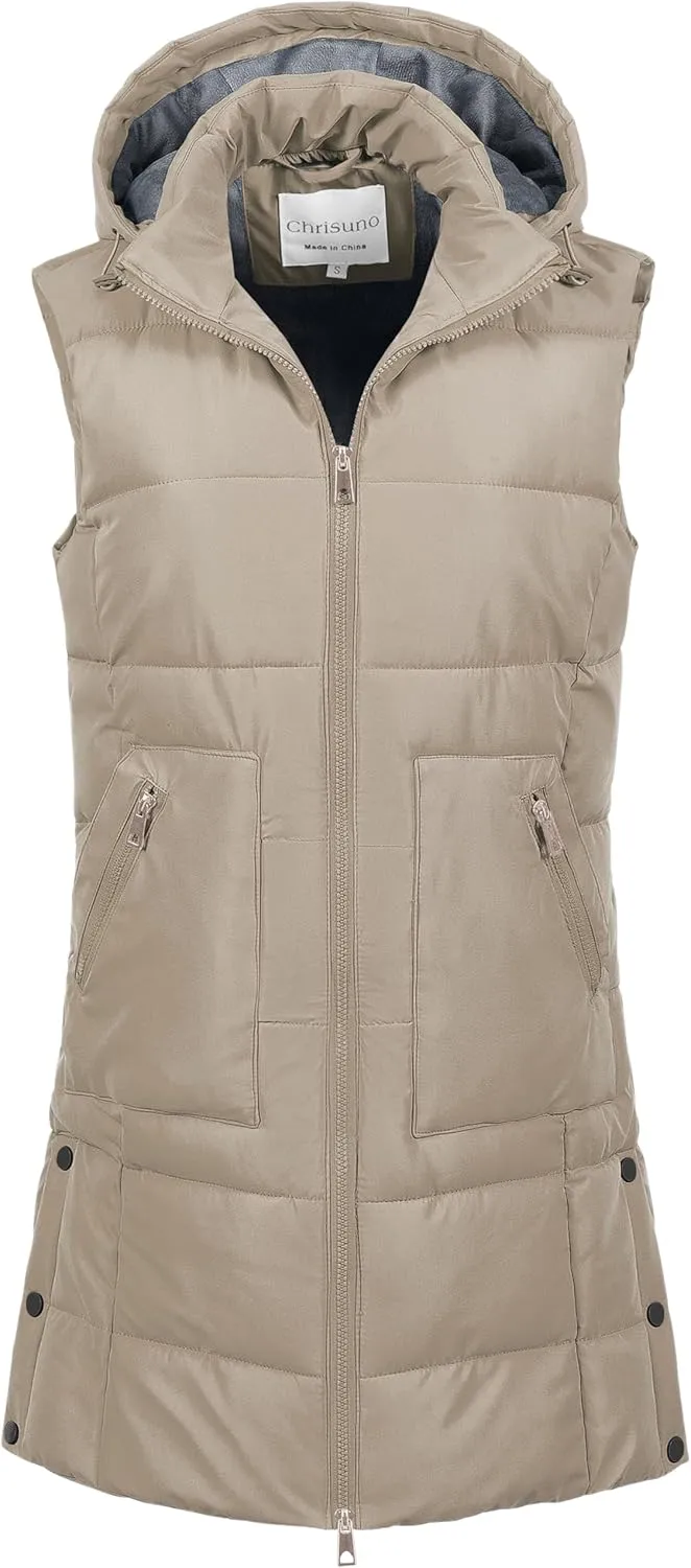Chrisuno Women's Long Warm Puffer Vest Fleece Sleeveless Vests Waterproof Outerwear With Removable Hood