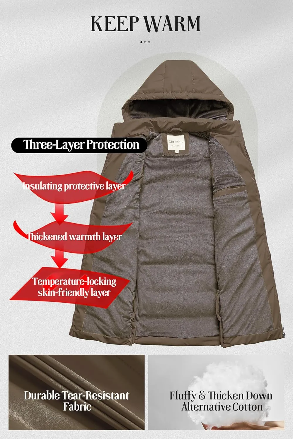 Chrisuno Women's Long Warm Puffer Vest Fleece Sleeveless Vests Waterproof Outerwear With Removable Hood