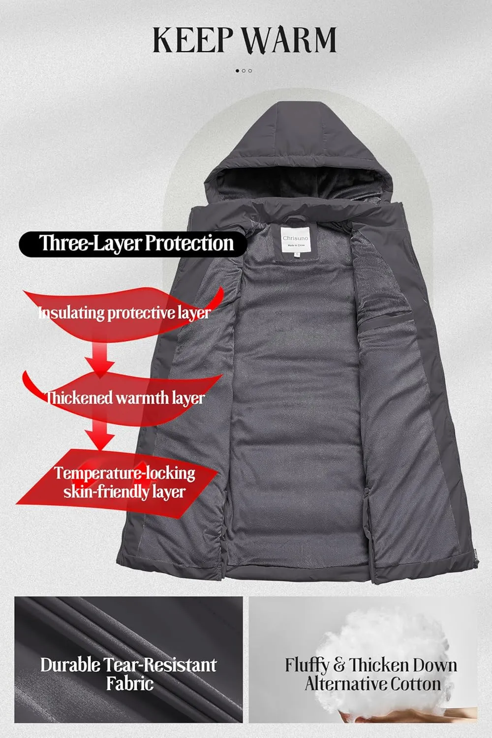 Chrisuno Women's Long Warm Puffer Vest Fleece Sleeveless Vests Waterproof Outerwear With Removable Hood