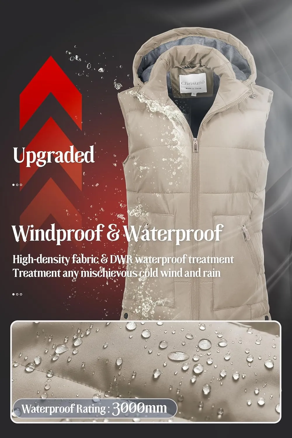 Chrisuno Women's Long Warm Puffer Vest Fleece Sleeveless Vests Waterproof Outerwear With Removable Hood