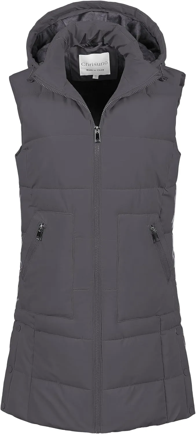 Chrisuno Women's Long Warm Puffer Vest Fleece Sleeveless Vests Waterproof Outerwear With Removable Hood