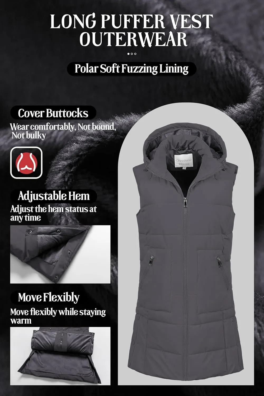 Chrisuno Women's Long Warm Puffer Vest Fleece Sleeveless Vests Waterproof Outerwear With Removable Hood