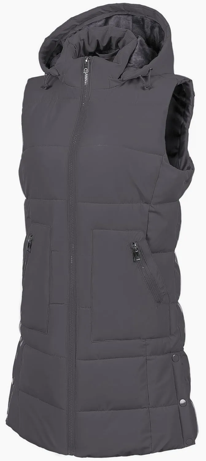 Chrisuno Women's Long Warm Puffer Vest Fleece Sleeveless Vests Waterproof Outerwear With Removable Hood