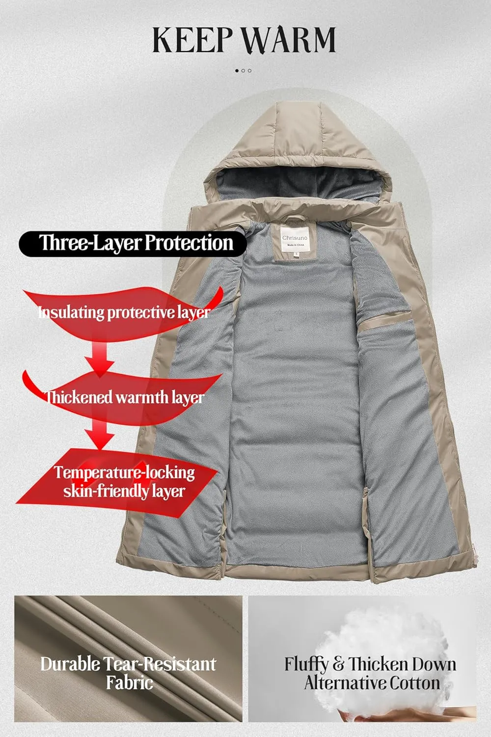 Chrisuno Women's Long Warm Puffer Vest Fleece Sleeveless Vests Waterproof Outerwear With Removable Hood