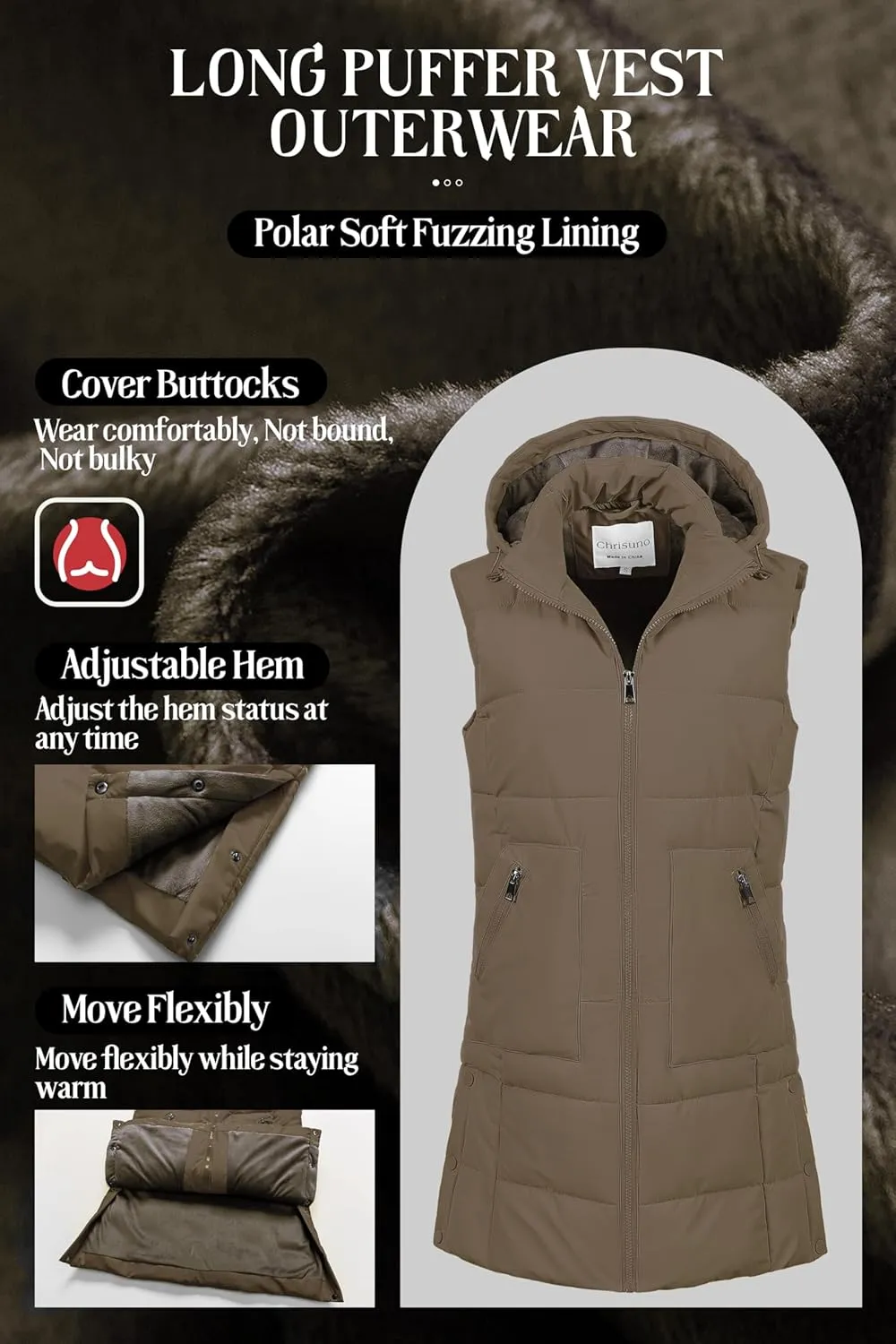Chrisuno Women's Long Warm Puffer Vest Fleece Sleeveless Vests Waterproof Outerwear With Removable Hood