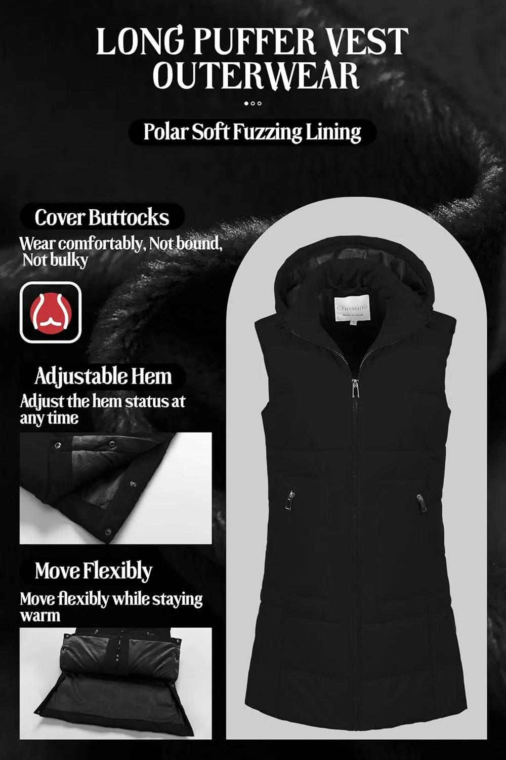 Chrisuno Women's Long Warm Puffer Vest Fleece Sleeveless Vests Waterproof Outerwear With Removable Hood