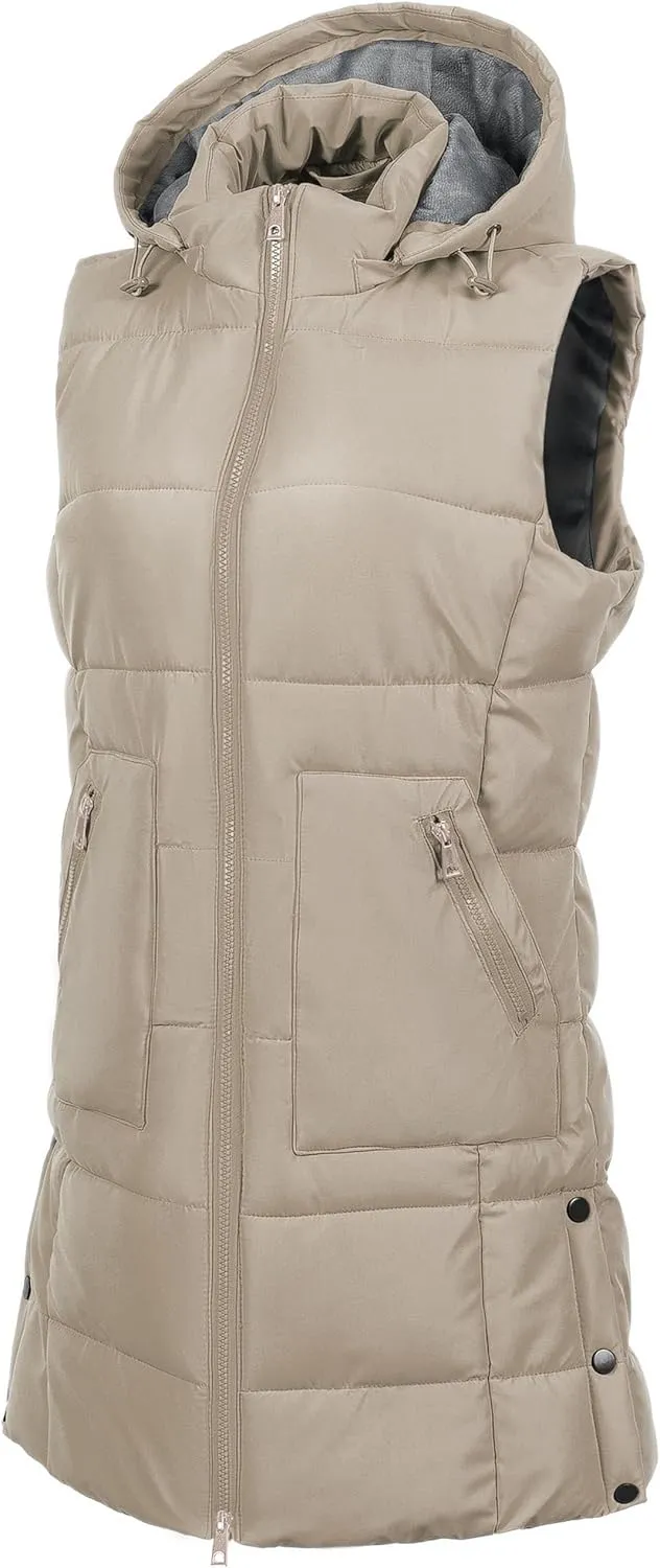 Chrisuno Women's Long Warm Puffer Vest Fleece Sleeveless Vests Waterproof Outerwear With Removable Hood