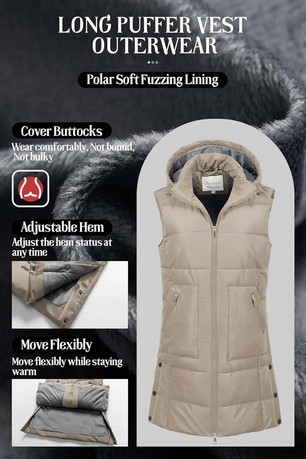 Chrisuno Women's Long Warm Puffer Vest Fleece Sleeveless Vests Waterproof Outerwear With Removable Hood