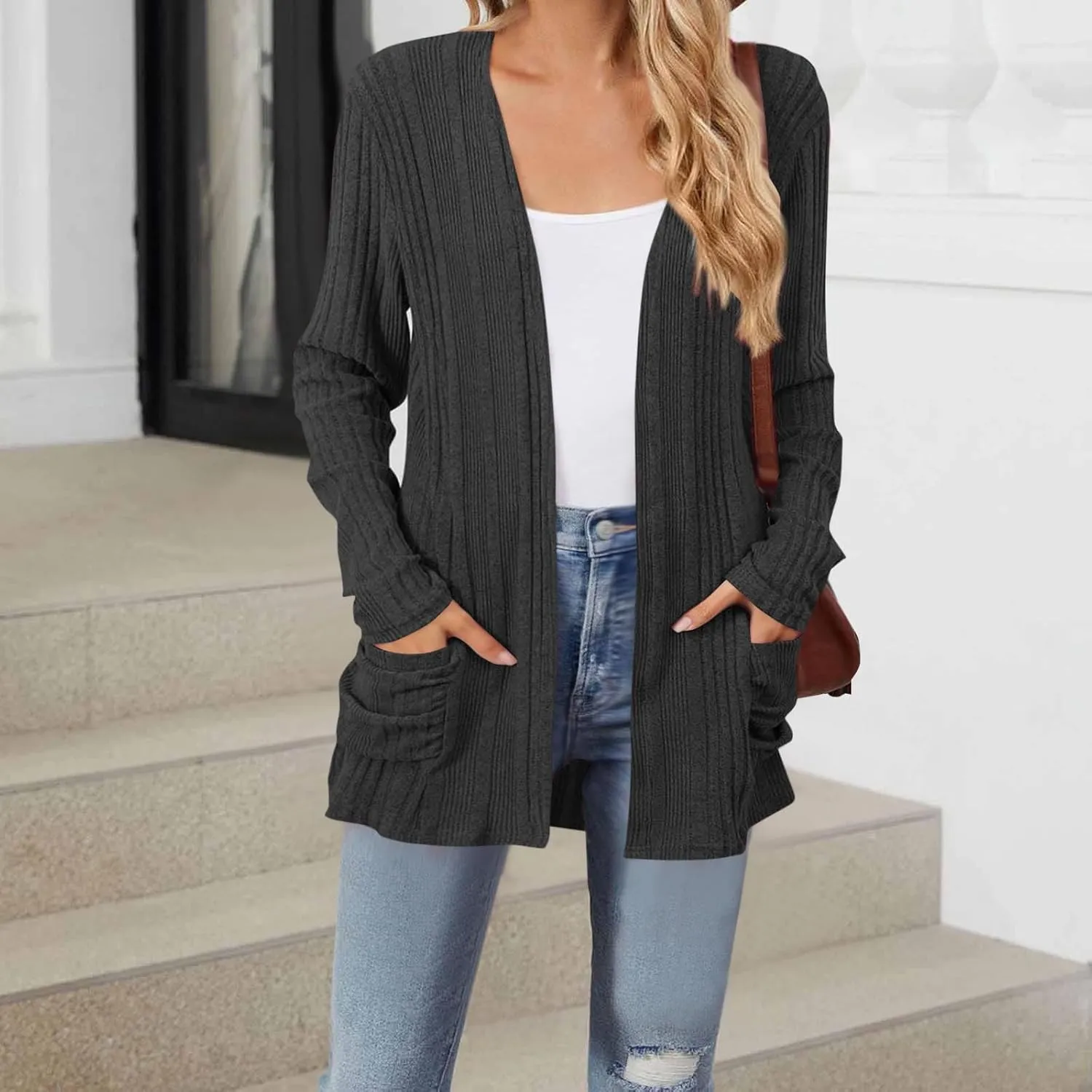 Chunky Cardigan Sweaters for Women Lightweight Open Front Knitted Cardigan Long Sleeve Outwear Coat with Pockets