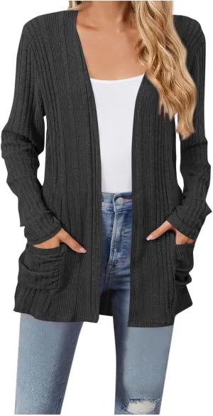 Chunky Cardigan Sweaters for Women Lightweight Open Front Knitted Cardigan Long Sleeve Outwear Coat with Pockets