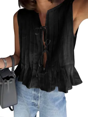 Cicy Bell Womens Bow Front Tie Tank Tops Pleated Babydoll Top Sleeveless Cute Coquette Shirt Summer Outfits
