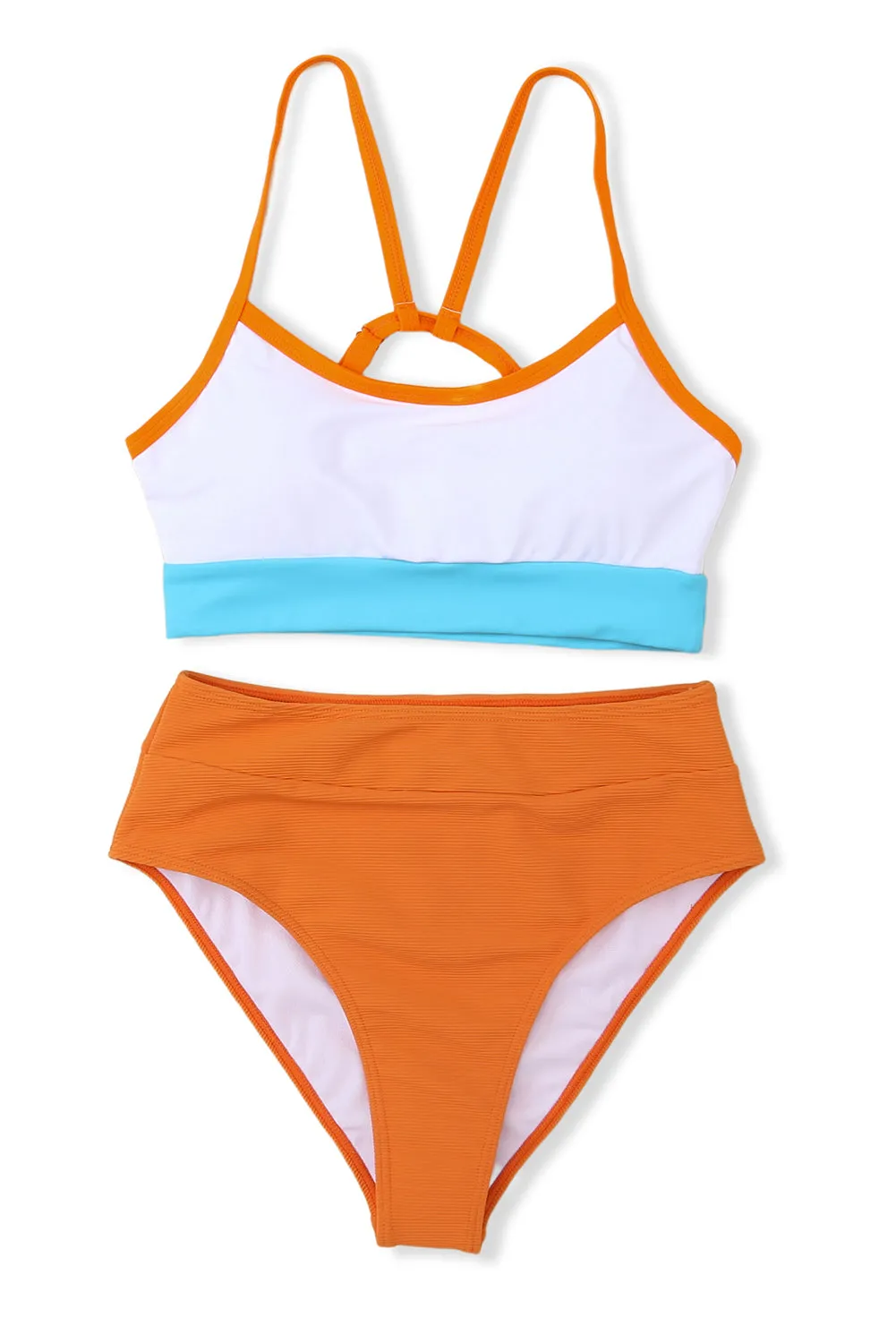 Color Block Ribbed Knit High Waist Bikini Swimsuit
