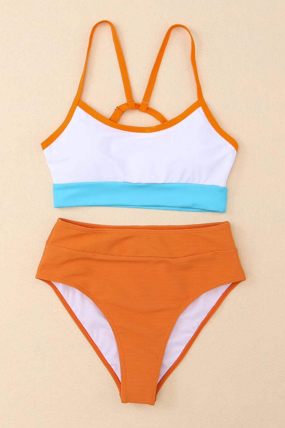 Color Block Ribbed Knit High Waist Bikini Swimsuit