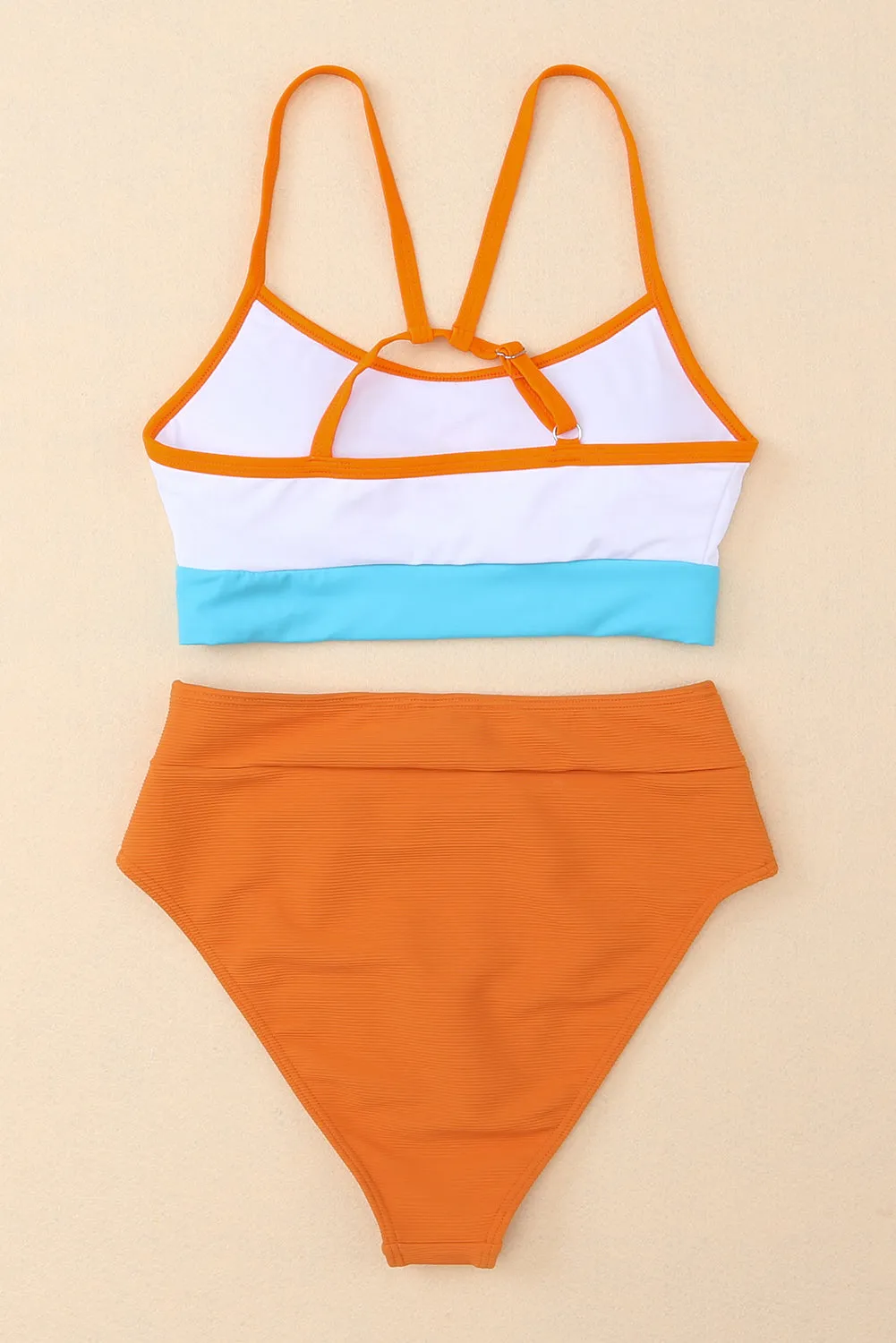Color Block Ribbed Knit High Waist Bikini Swimsuit