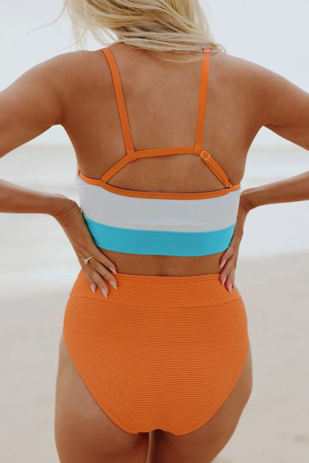 Color Block Ribbed Knit High Waist Bikini Swimsuit