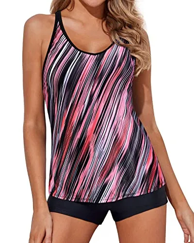 Comfortable Tankini Swimsuits Mid-Waist Shorts For Women-Pink Stripe