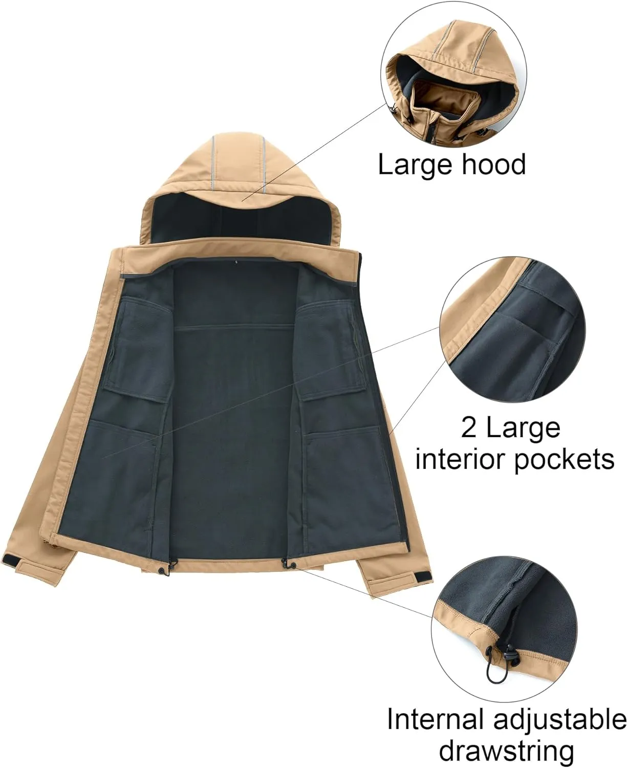 CREATMO US Men's Softshell Military Jacket With Removable Hood, Fleece Lined and Water Repellent Outdoor Reflective Coat