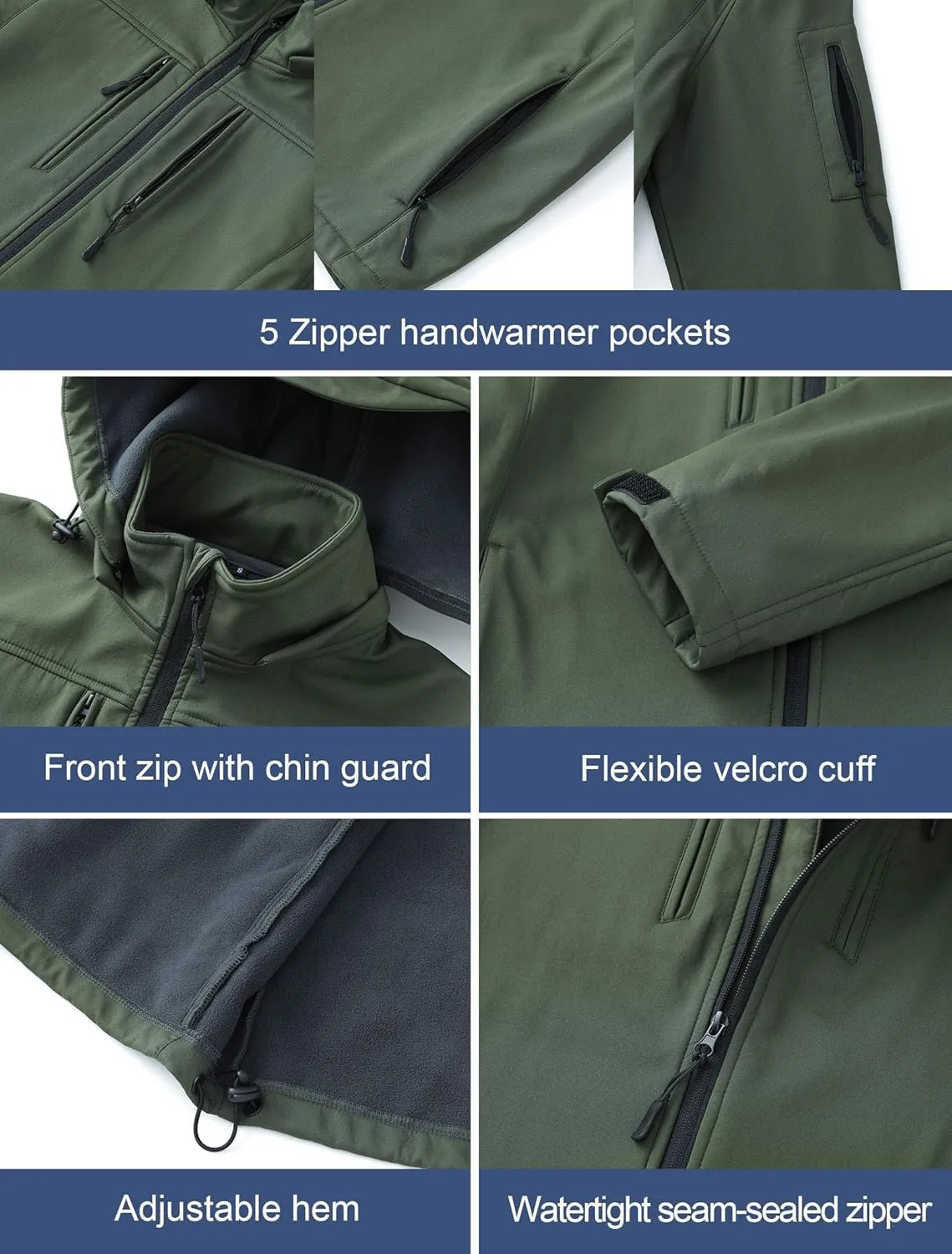 CREATMO US Men's Softshell Military Jacket With Removable Hood, Fleece Lined and Water Repellent Outdoor Reflective Coat
