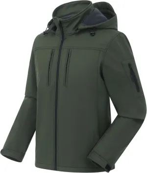 CREATMO US Men's Softshell Military Jacket With Removable Hood, Fleece Lined and Water Repellent Outdoor Reflective Coat