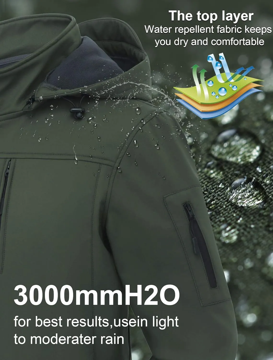 CREATMO US Men's Softshell Military Jacket With Removable Hood, Fleece Lined and Water Repellent Outdoor Reflective Coat