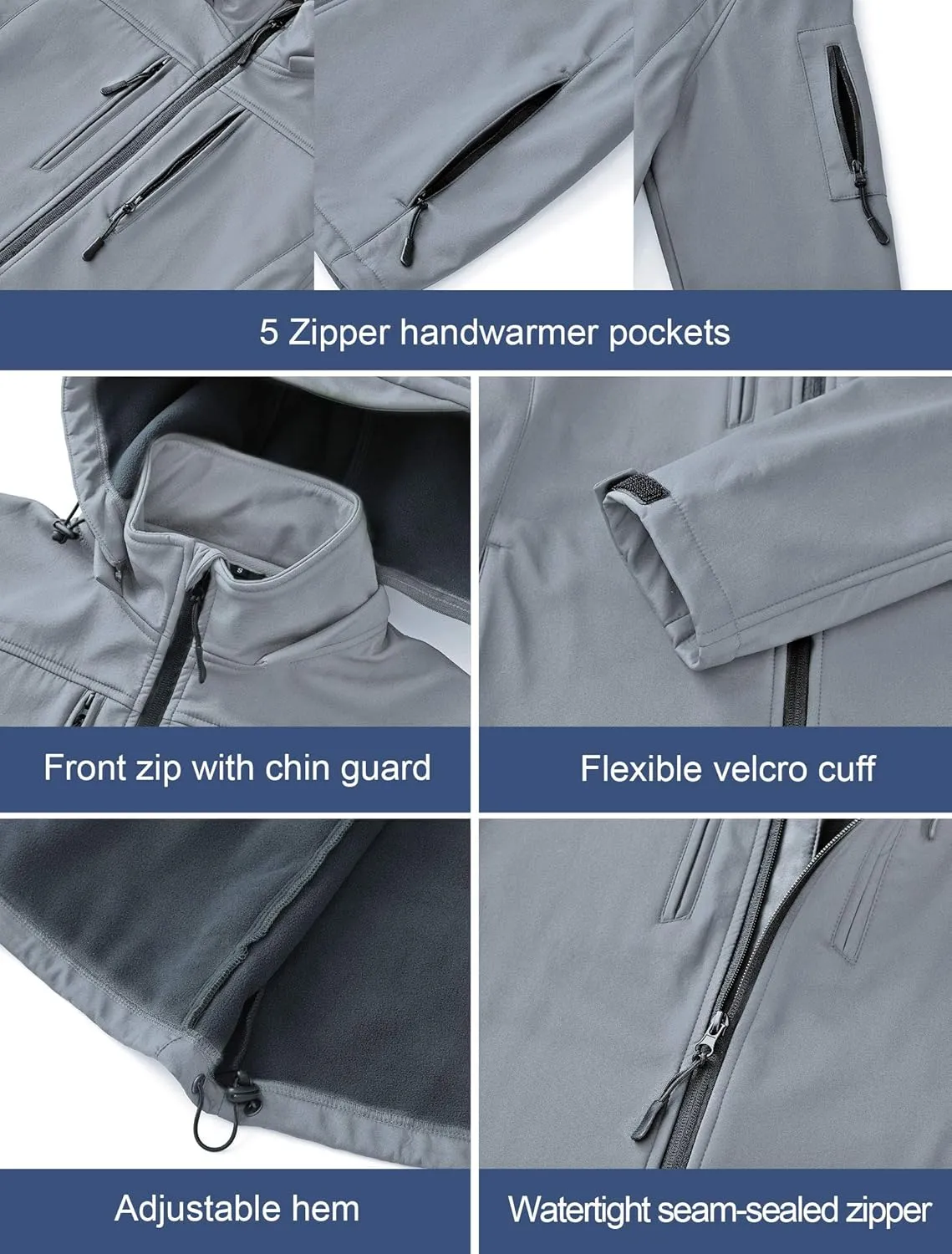 CREATMO US Men's Softshell Military Jacket With Removable Hood, Fleece Lined and Water Repellent Outdoor Reflective Coat