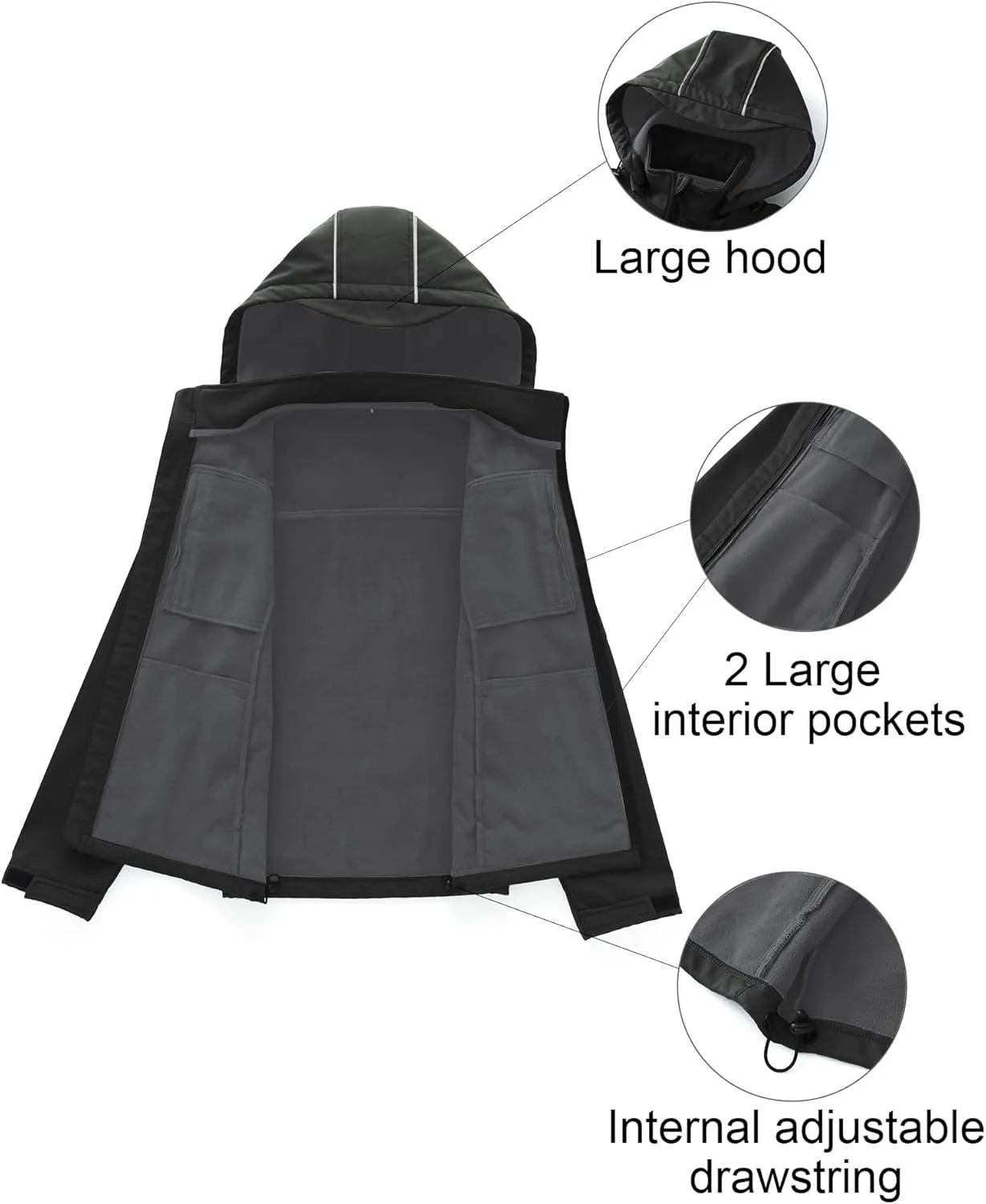 CREATMO US Men's Softshell Military Jacket With Removable Hood, Fleece Lined and Water Repellent Outdoor Reflective Coat
