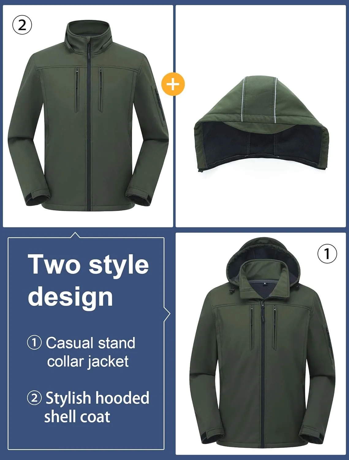 CREATMO US Men's Softshell Military Jacket With Removable Hood, Fleece Lined and Water Repellent Outdoor Reflective Coat