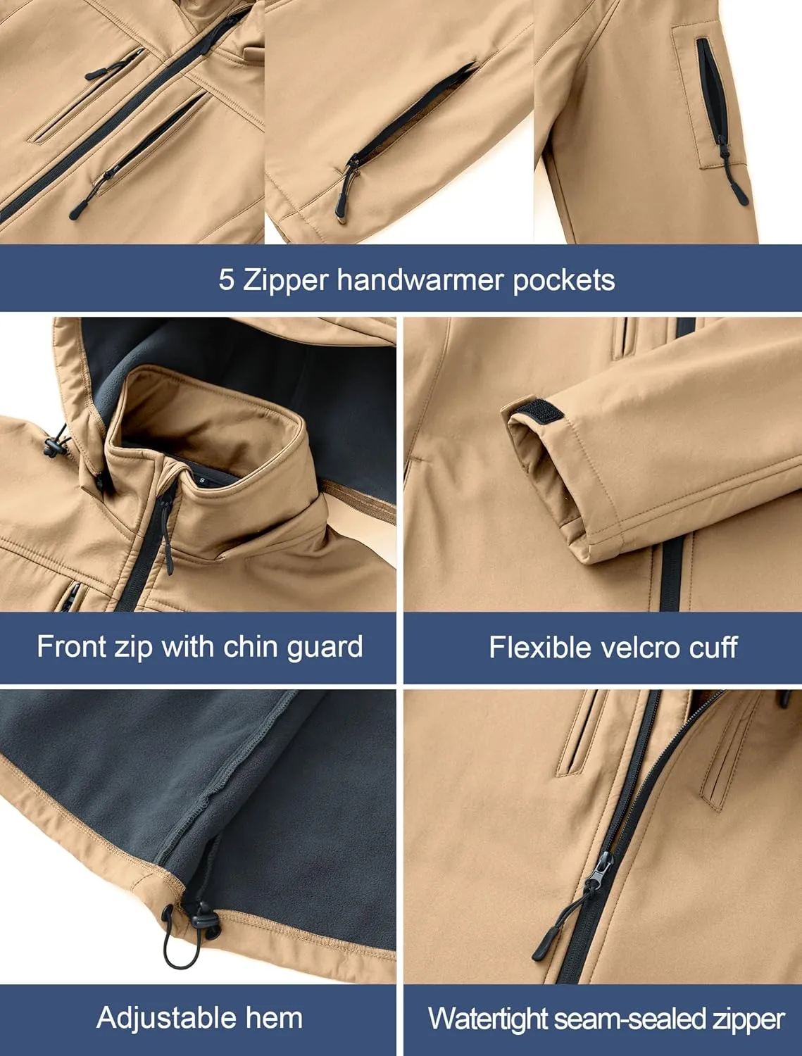 CREATMO US Men's Softshell Military Jacket With Removable Hood, Fleece Lined and Water Repellent Outdoor Reflective Coat